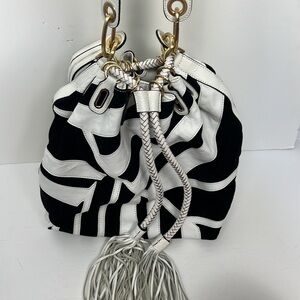 DVF Bucket Bag Diane Von Furstenburg Black White Zebra Leather Purse Shoulder